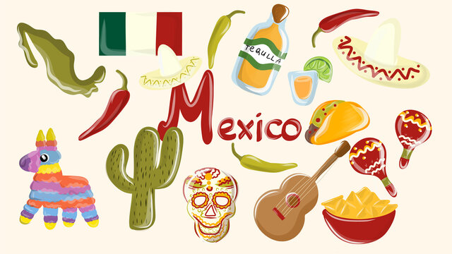 Big vector set of mexico elements, skeleton characters, animals in flat hand drawn style isolated. Mexico with traditional symbols and decorative elements.
