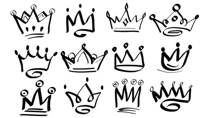 Doodle crowns. Line art king or queen crown sketch. Drawing by hand black elements. Vector illustration.