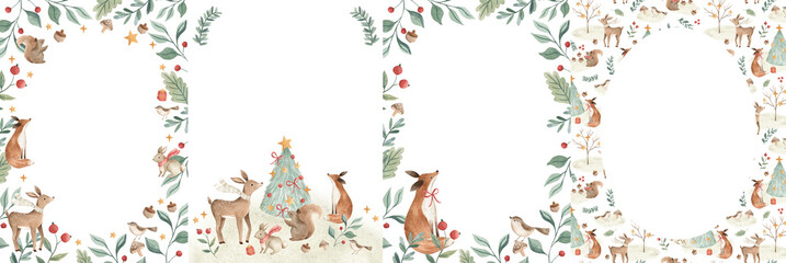 Christmas invitation frame template with woodland animals and winter foliage watercolor illustration