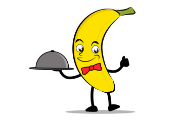 Banana Cartoon mascot or character as a waitress holding a serving plate