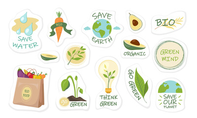 Ecologic labels. Eco safe emblems, green safe plant. Sticker zero waste. Bundle of decorative design elements. Flat cartoon colorful vector illustration.