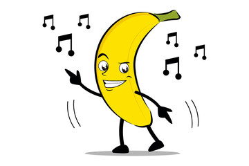 Banana Cartoon mascot or character dances to his favorite music