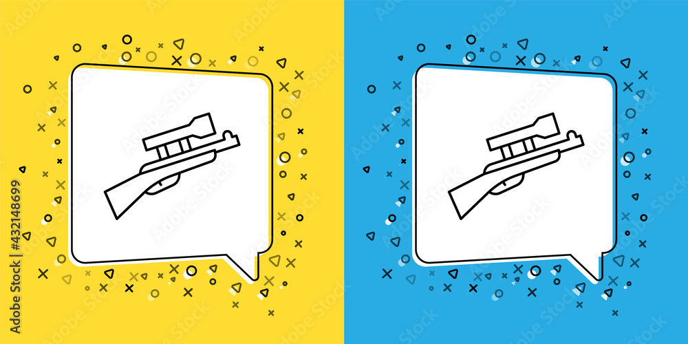 Poster set line sniper rifle with scope icon isolated on yellow and blue background. vector