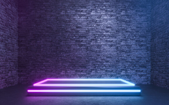 Blank product stand with neon lights on brick wall background. 3d rendering