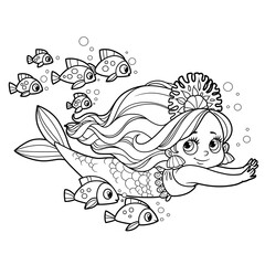 Cute little mermaid girl in coral tiara swims with a school of fish outlined for coloring page isolated on white background