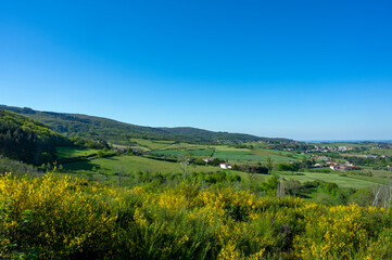 Fototapeta na wymiar Paysage des Monts du Lyonnais au printemps vers le col de La Luere