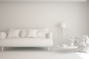 Mock up of stylish room in white color with sofa. Scandinavian interior design. 3D illustration