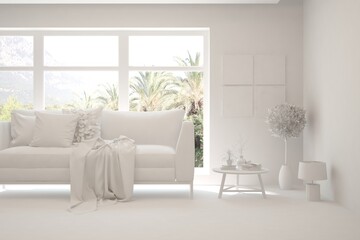 Mock up of minimalist living room in white color with sofa. Scandinavian interior design. 3D illustration