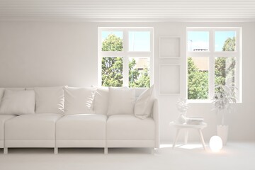 Mock up of stylish room in white color with sofa and green landscape in window. Scandinavian interior design. 3D illustration