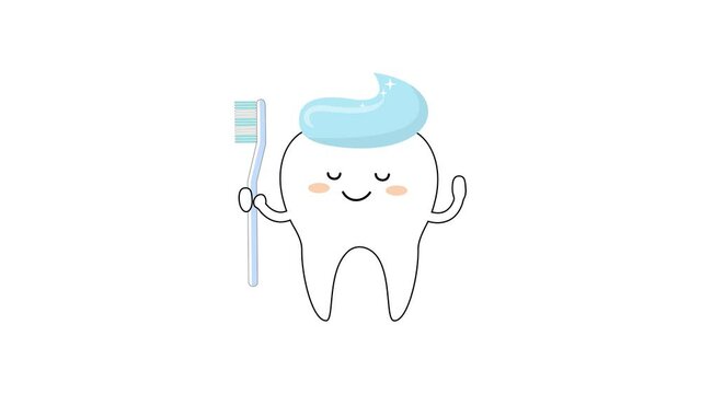 Footage animated cartoon of cute tooth character with toothpaste cap holding toothbrush. Kawaii smiling face. Teeth brushing habit dental health routine caries prevention concept