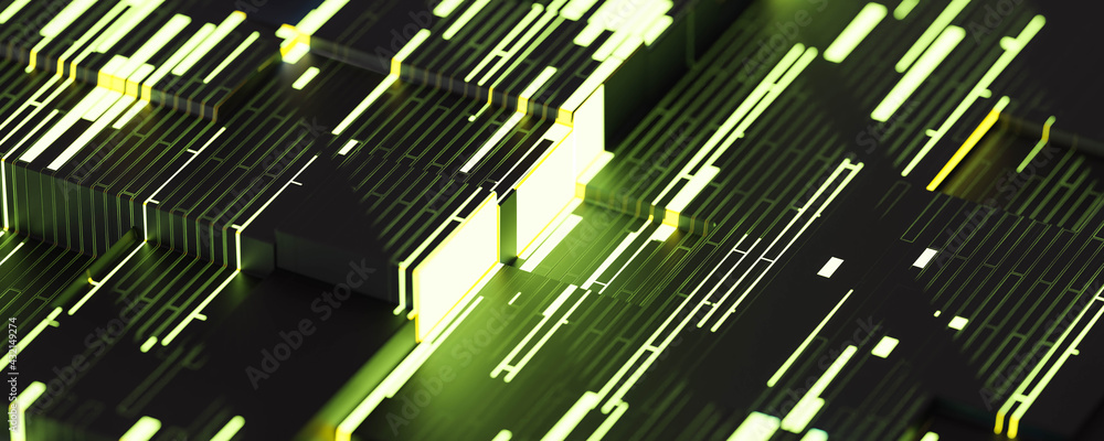 Poster circuit board computer hardware with green led lighting 3d render illustration