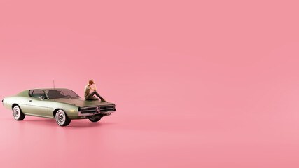 3D rendering vintage car on the hood sitting man and thinking with pink empty background.