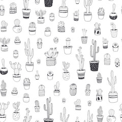 Cactus plants seamless vector hand drawn pattern