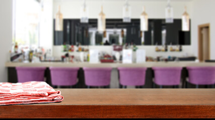 Wooden desk of free space and bar interior 