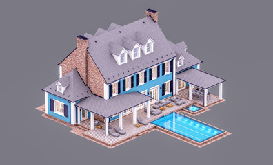 3d rendering of modern cozy classic house in colonial style with garage and pool for sale or rent in evening. Isolated on gray.