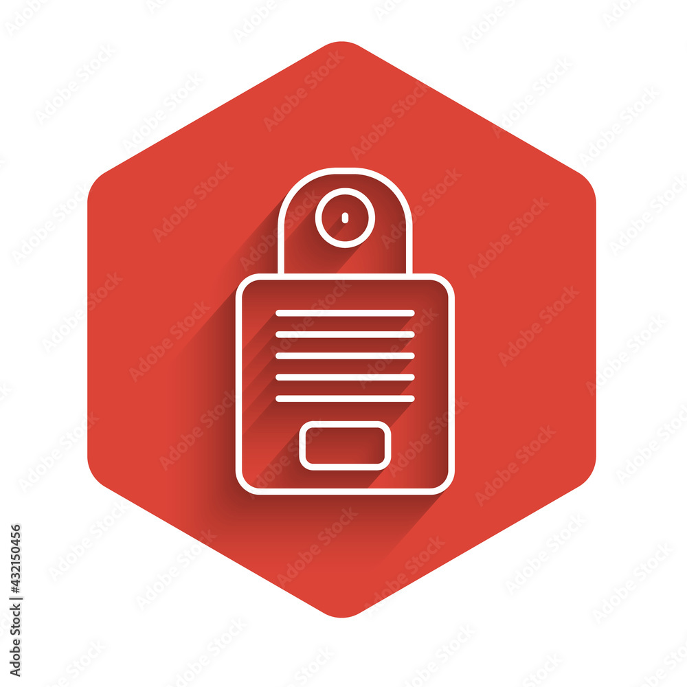 Poster white line intercom icon isolated with long shadow. red hexagon button. vector