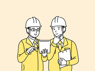 打ち合わせをする　現場監督　建築士　工場長　男性　計画　スケジュール　イラスト素材