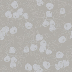 Seamless pattern. Fig tree branches with fruit. Outlined vector illustration on gray background