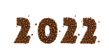 Happy New 2022 Year. Holiday made of chocolate bubbles, milk chocolate concept, 3d illustration