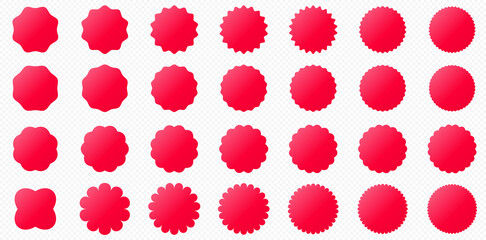 Set of red advertising stickers. Promotional tags for shops and markets. Sale discount stickers of various shapes. Vector elements.
