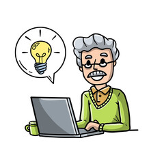 Man sitting at table with laptop. Work as freelancer and programmer. Modern gadget. Smiling happy guy. Idea concept. Invention and thought. Hand drawn sketch cartoon. Bubble with light bulb