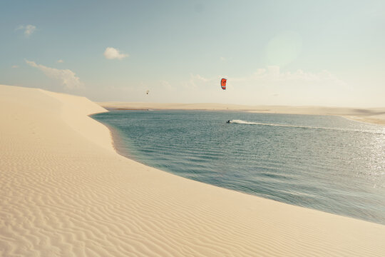 kitesurfing in a lagoon in Brazil Len&ccedil;&oacute;is Maranhenses