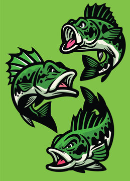 set of angry cartoon largemouth bass fish