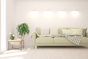 Soft color living room with sofa. Scandinavian interior design. 3D illustration