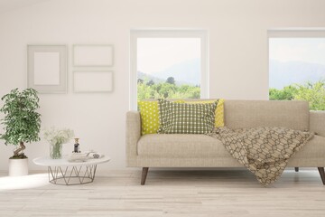 White living room with sofa and summer landscape in window. Scandinavian interior design. 3D illustration