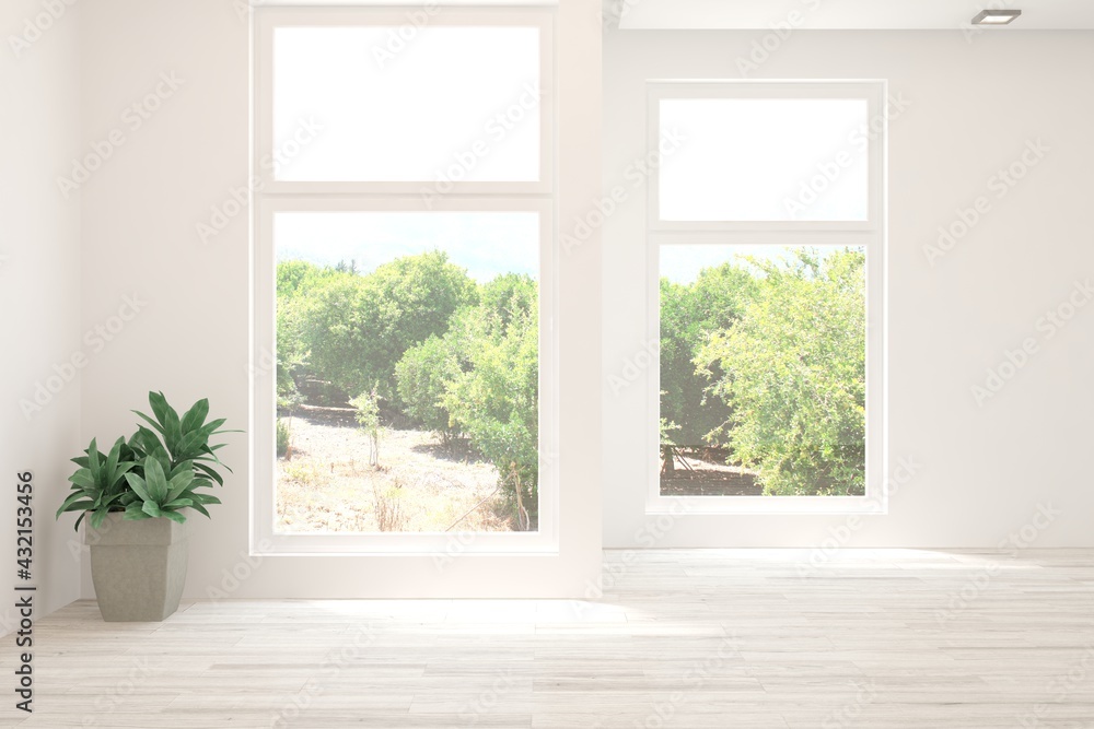 Wall mural white empty room with summer landscape in window. scandinavian interior design. 3d illustration