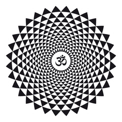 Vector black geometric circular mandala with Om symbol on white background - obrazy, fototapety, plakaty