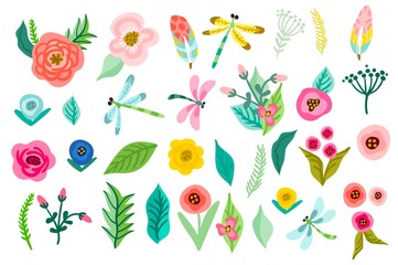 Set of vector cute hand drawn flowers and leaves.