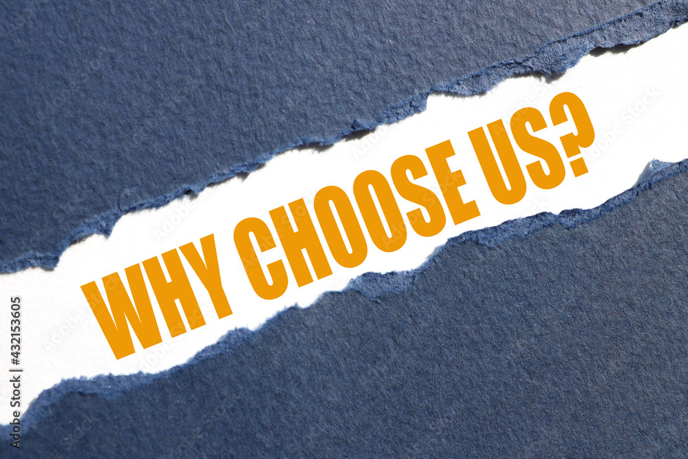 Poster why choose us. text inside torn paper. white sheet with black font.