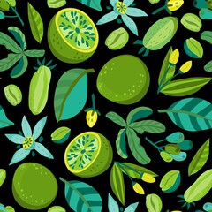Vector seamless pattern of fresh green leaves and fruits. Bright organic ornament.