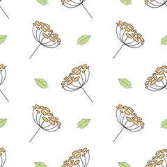 Seamless pattern of wildflowers in digital art style in pastel colors with pencil texture. Used green and beige colors. Cute and pretty design for wrapping paper, baby clothes and backgrounds