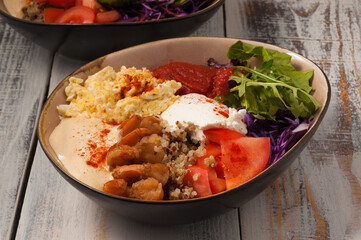 poke with vegetables, egg scramble, cottage cheese and shrimp