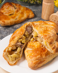 puff pastry pie with potatoes and chicken