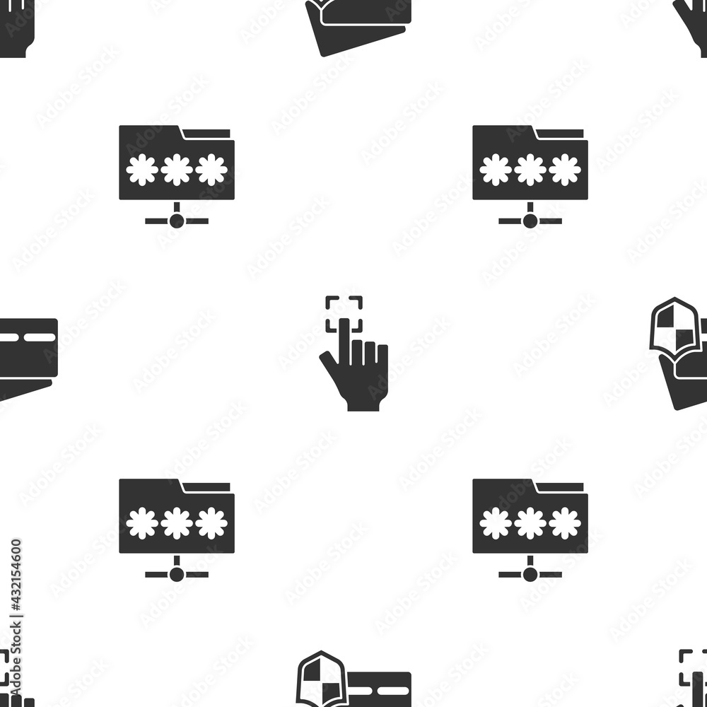 Poster Set Credit card with shield, Fingerprint and Folder password on seamless pattern. Vector