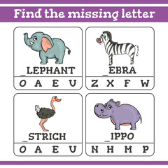 Forest animals Find the missing letter Game for Preschool Children. Vector illustration
