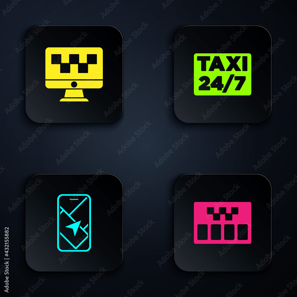 Poster set taximeter, computer call taxi service, city map navigation and location with. black square butto