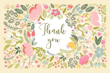 Beautiful greeting card "Thank you". Bright illustration, can be used as creating card,invitation card for wedding,birthday and other holiday and cute summer background.