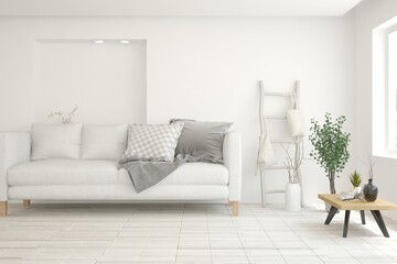 White living room with sofa. Scandinavian interior design. 3D illustration