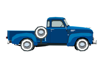 Farm retro pickup drawing. Classic car in cartoon style. Isolated vintage vehicle wall art. Side view. Truck for nursery decor - obrazy, fototapety, plakaty