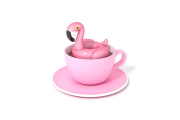 Pink Flamingo float, tropical bird shape inflatable swimming pool ring floating in a pink Coffee cup on white background 3d rendering. 3d illustration Summer and travel minimal concept.