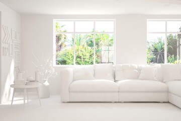 Mock up of stylish room in white color with sofa and green landscape in window. Scandinavian interior design. 3D illustration