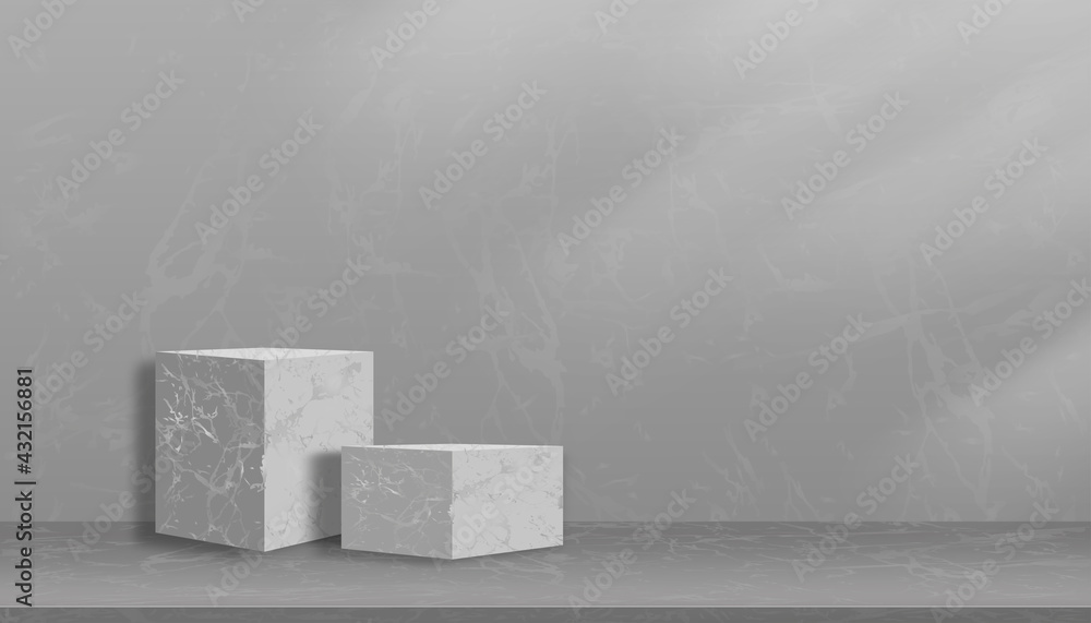 Poster mockup studio room with cubes box in gray marble pattern frame on wall background. อำแะนพ front view
