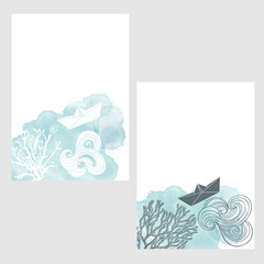 Pre-made design on the marine theme with paper boat,seaweed , watercolor spots and place for text. Vector layout decorative greeting card or invitation design background. Two different options.
