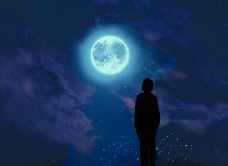 Illustration of a young man looking at starry sky and shining full moon 