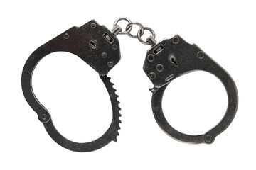 Handcuffs isolated on a white background. One part is buttoned, and the other is unbuttoned