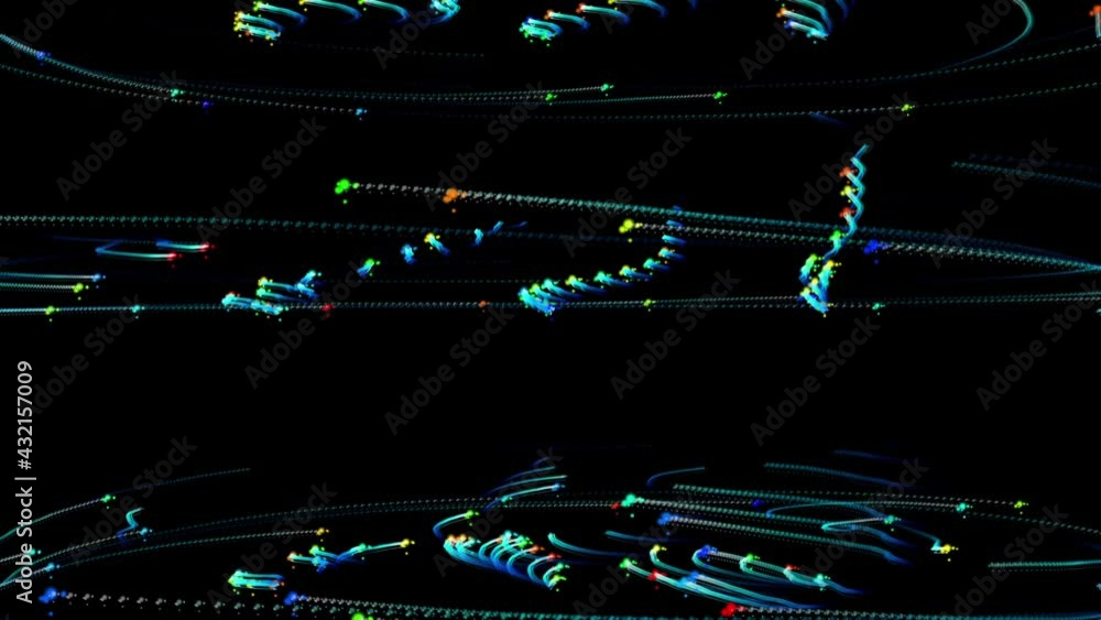 Poster abstract group flight of multicolored particles in outer space leaving a trail. festive, beautiful, 